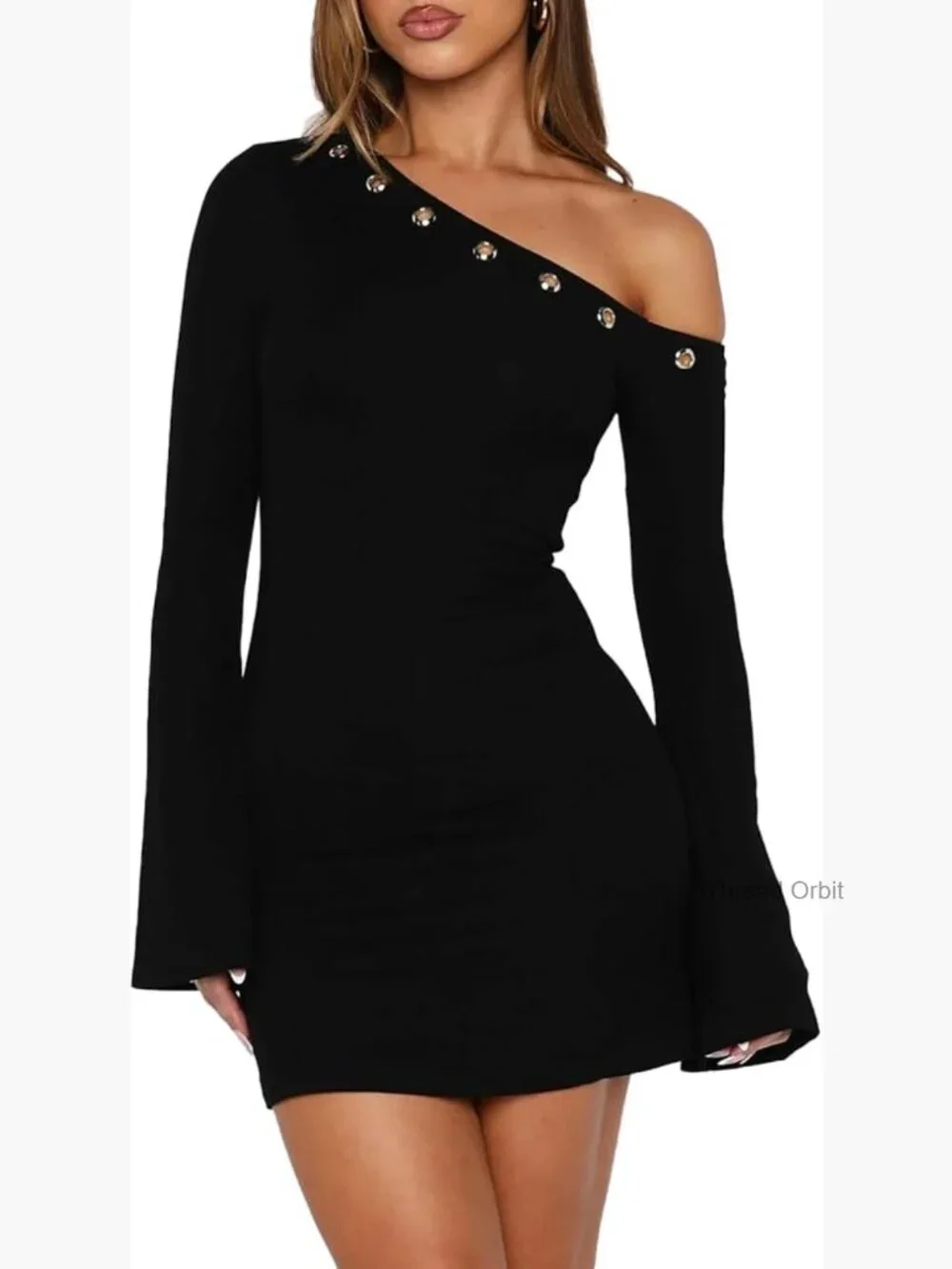 Long Flared Sleeve Bodycon Mini Dress Off Shoulder Silver Eyelet Party
